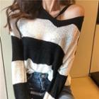 Striped Plain Open Knit Sweater Black - One Size