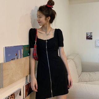 Puff-sleeve Zipped Mini Dress