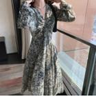 Splash Ink Painting Ruffle Sleeve Maxi Dress