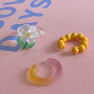 Set Of 3 : Resin Flower / Bead / Gradient Cuff Earring Set - Yellow & Pink & Transparent - One Size