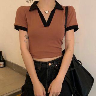 Short-sleeve V-neck Color Block Top