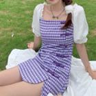 Short-sleeve Paneled Plaid Mini Sheath Dress