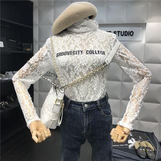 Stand Collar Long-sleeve Lettering Lace Top