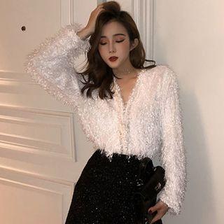 V-neck Fringed Trim Long-sleeve Top