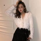 V-neck Fringed Trim Long-sleeve Top
