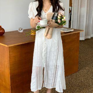 V-neck Puff-sleeve Midi A-line Lace Dress