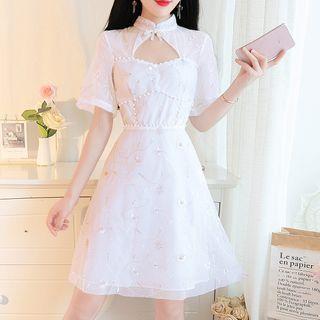 Short-sleeve Floral Embroidered Cutout A-line Mesh Dress