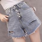 High-waist Single-breasted Distressed Frayed Loose-fit Denim Shorts