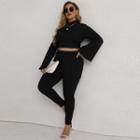 Plus Size Set: Long-sleeve Mock-neck Crop Top + Leggings