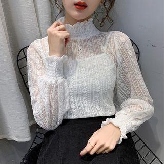 Ruffle Trim Long Sleeve Lace Top
