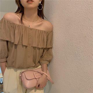 Elbow-sleeve Off Shoulder Blouse Khaki - One Size