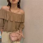 Elbow-sleeve Off Shoulder Blouse Khaki - One Size