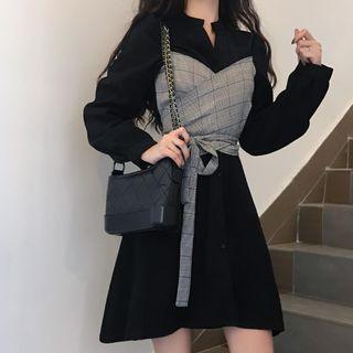 Mock Two-piece Long-sleeve Plaid Panel Mini Shirt Dress