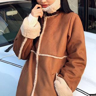 Buckled Neck Faux-shearling Long Coat