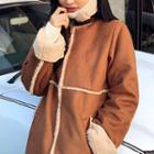 Buckled Neck Faux-shearling Long Coat