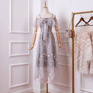 Short-sleeve Cold Shoulder Embroidered A-line Midi Dress