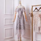 Short-sleeve Cold Shoulder Embroidered A-line Midi Dress