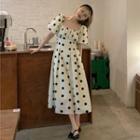 Short-sleeve Bow-accent Dotted Dress Almond - One Size