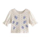 Puff-sleeve Floral Embroidered Crop Knit Top