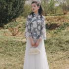 Set: Floral Lace Long-sleeve Qipao Top + Plain Mesh Maxi A-line Skirt