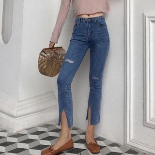 Ripped Slit Cropped Jeans