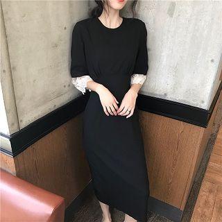 Lace Trim Elbow-sleeve Midi Sheath Dress