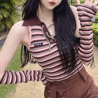 Set: Sleeveless Polo Neck Striped Knit Top + Oversleeves
