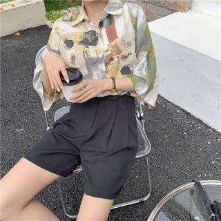 Elbow-sleeve Print Shirt / Wide Leg Shorts