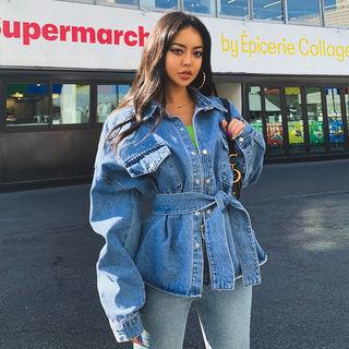Flap-pocket Oversized Plain / Denim Jacket With Sash