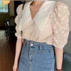 Contrast Collar Elbow-sleeve Floral Blouse
