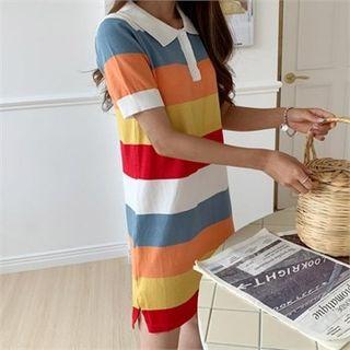 Half-placket Striped Polo Dress Ivory - One Size