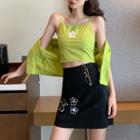 Short-sleeve Plain Vest + Floral Embroidered Camisole / Floral Embroidered A-line Skirt