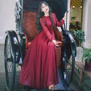 Long-sleeve Embroidered A-line Maxi Sun Dress