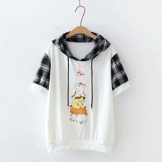Mock Two-piece Plaid Panel Hamster Print Hoodie