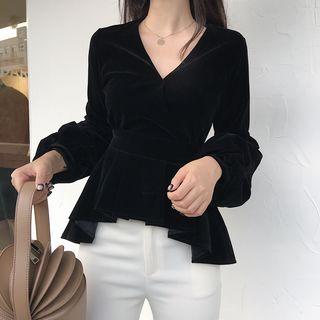 Puff Sleeve V-neck High Waist Velvet Top