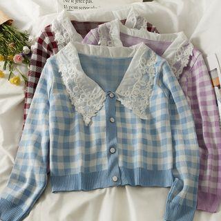 Lace-collar Button-up Checker Knit Top