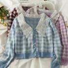 Lace-collar Button-up Checker Knit Top