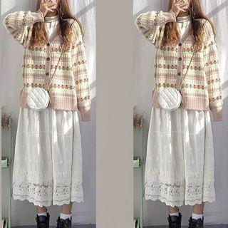 Long-sleeve Plain T-shirt / Midi A-line Skirt / Flower Print Cardigan / Set