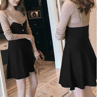 Long-sleeve Knit Top / Spaghetti Strap Mini A-line Dress / Set