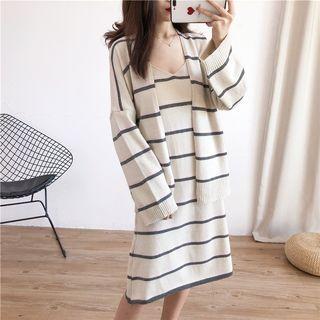 Set: Striped Open Front Cardigan + Spaghetti Strap Shift Knit Dress Off-white - One Size