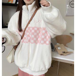 Half-zip Checkerboard Fleece Sweatshirt White - One Size