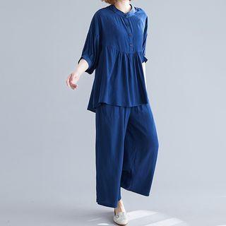 Set: 3/4-sleeve Buttoned Tunic Top + Cropped Wide-leg Pants