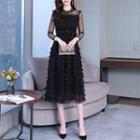 Long-sleeve Mesh Panel Midi Lace Tiered Dress