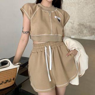 Cap-sleeve Embroidered Cropped Top / Drawstring Waist Shorts