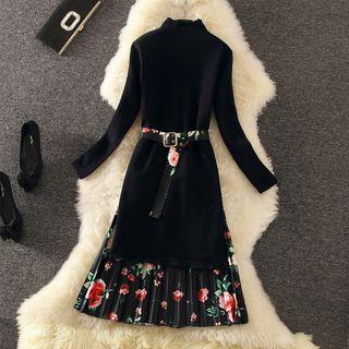 Set: Long-sleeve Knit A-line Dress + Pleated Midi Skirt