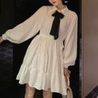 Long-sleeve Tie-neck Mini A-line Shirt Dress