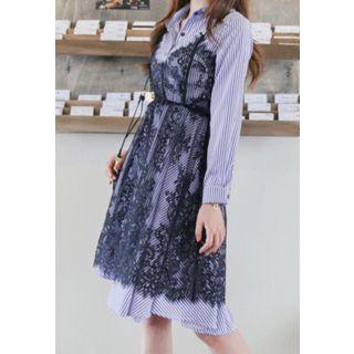 Set: Striped Shirtdress + Spaghetti-strap Laced Dress