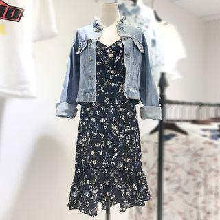 Set: Buttoned Denim Jacket + Spaghetti Strap Floral Print Dress