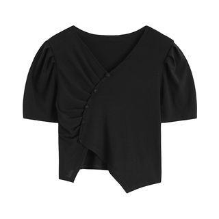 Short-sleeve V-neck Asymmetrical T-shirt Black - One Size