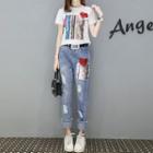 Set: Short Sleeve Print T-shirt + Sequined Distressed Jeans